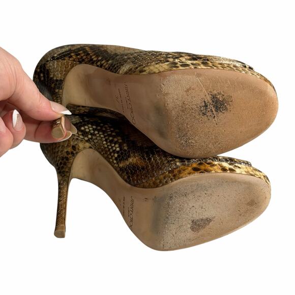 Jimmy Choo Glint Snake Print Leather Peep Toe Heels Size 7 - Picture 11 of 13